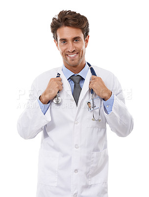 Buy stock photo Doctor, portrait and studio with stethoscope for healthcare, employee and positive with medical career. Specialist, man and face of cardiologist for medicine and consultant trust by white background