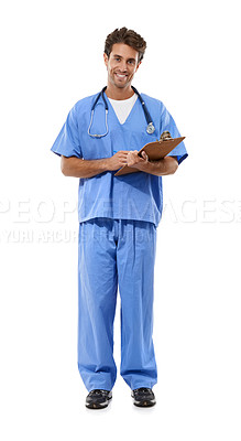 Buy stock photo Man, nurse and portrait with documents in studio for medical checklist, assessment and consultation. Professional or healthcare doctor writing notes with clipboard for services on a white background