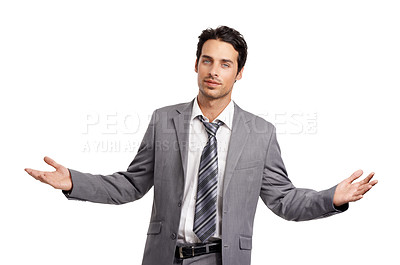 Buy stock photo Portrait, confused and business man with why hands in studio for solution on white background. Questions, face and male entrepreneur with ask emoji, gesture or body language for palm scale balance