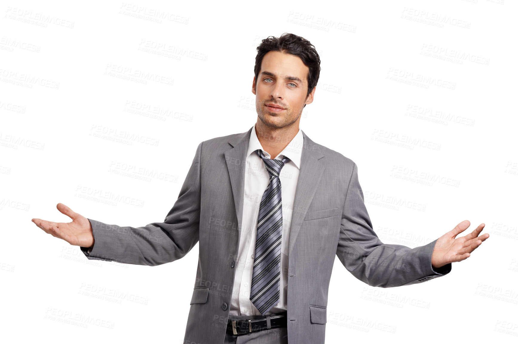 Buy stock photo Portrait, confused and business man with why hands in studio for solution on white background. Questions, face and male entrepreneur with ask emoji, gesture or body language for palm scale balance