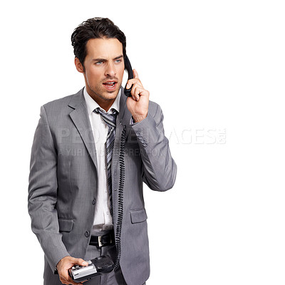 Buy stock photo Stress, phone call or business man with telephone or work conflict, fight or difficult client feedback on studio white background. Angry, argument and frustrated entrepreneur with consulting drama