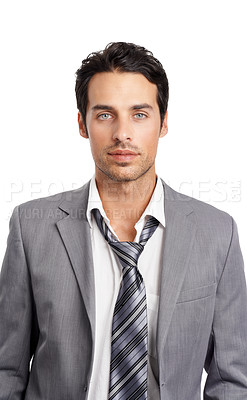 Buy stock photo Portrait, serious and business man in studio isolated on a white background. Face, professional lawyer and attorney in suit, agent or disheveled consultant employee work on corporate career in Spain