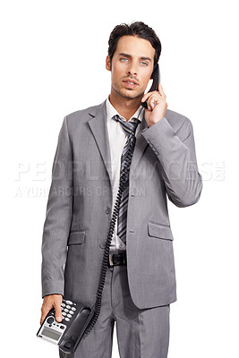 Buy stock photo Business, telephone and man with serious phone call in studio, feedback or review on white background. Corporate, advice and male entrepreneur with startup loan questions, conversation or consulting