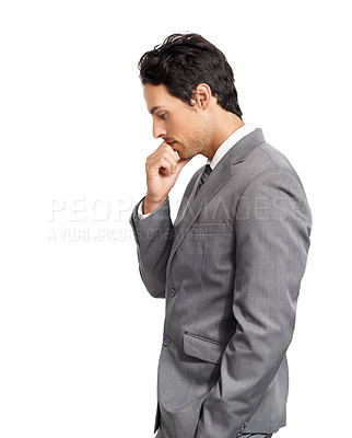 Buy stock photo Business man, doubt and thinking in studio of choice, problem solving and brainstorming idea on mockup white background. Profile, serious worker or dream of decision, solution or insight of questions