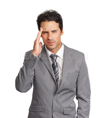 Buy stock photo Business man, confused and stress in studio for burnout, headache and risk of challenge on white background. Frustrated worker thinking of fatigue, doubt and corporate mistake, disaster and crisis 