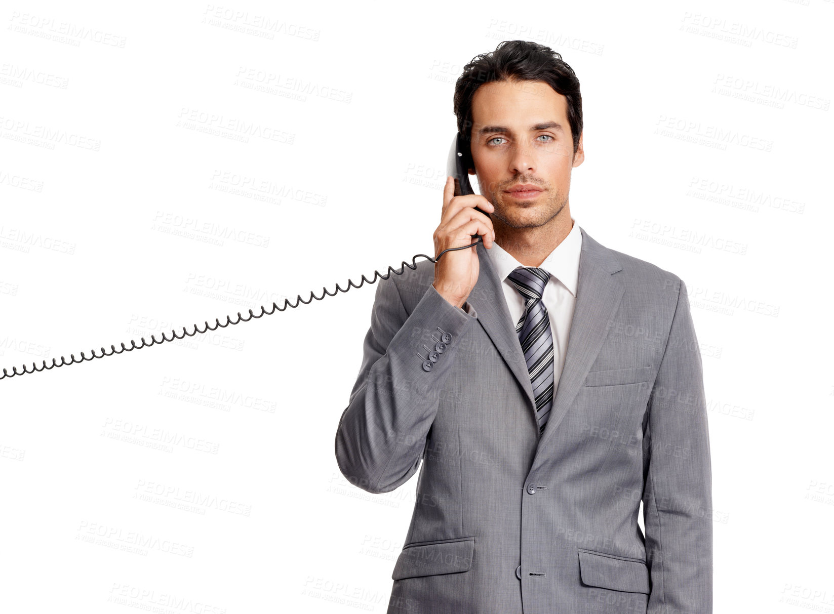 Buy stock photo Portrait, business man and telephone conversation, listen and communication. Face, professional speaking on landline and chat, serious and lawyer isolated on a white studio background mockup space