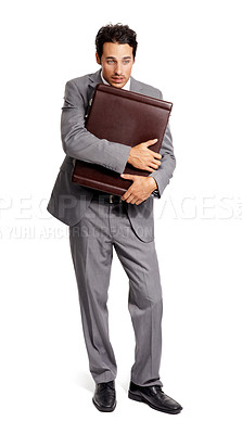 Buy stock photo Business, briefcase and man with stress for unemployment, job protection or security and work in recession. Businessman, bag and worry in white background of studio with anxiety for corporate economy