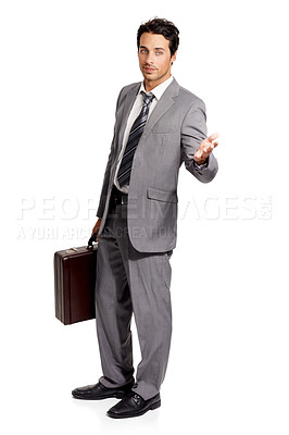 Buy stock photo Hand, gesture and man with a briefcase for business in white background of studio with presentation. Businessman, asking and presenting with bag in corporate, work or professional entrepreneur 