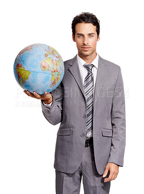 Buy stock photo Portrait, business man and planet, earth or world for corporate travel isolated on a white studio background. Vacation, professional suit and globe map for geography, international journey or serious