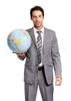 Buy stock photo Portrait, business man and globe, earth or worldwide travel isolated on a white studio background. Agent, professional suit and planet map for geography, journey and sphere for international vacation