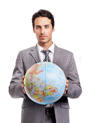 Buy stock photo Portrait, business man and globe, earth or world for corporate travel isolated on a white studio background. Face, professional in suit and planet map for geography, journey or international vacation