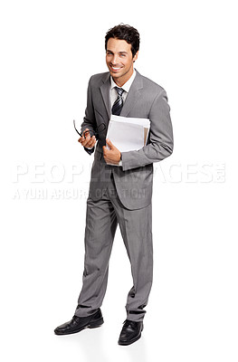 Buy stock photo Happy, businessman and portrait with paperwork for finance and accounting in white background of studio. Corporate, accountant and employee with contract, documents and man with a smile and glasses
