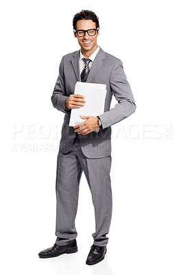 Buy stock photo Full body of a handsome young executive carrying his documents