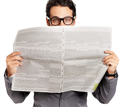 Buy stock photo Business man, portrait and newspaper in studio for daily information, report or article isolated on white background. Corporate employee, glasses and reading newsletter, print media or update on page