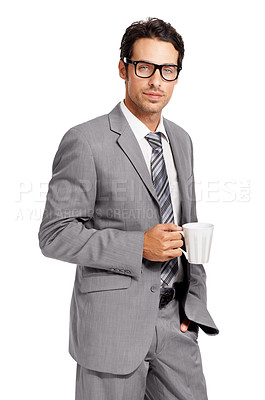 Buy stock photo Coffee cup, portrait and business man in studio with glasses, confidence or attitude on white background. Morning, start and face of male entrepreneur with tea, pride and mindset while isolated