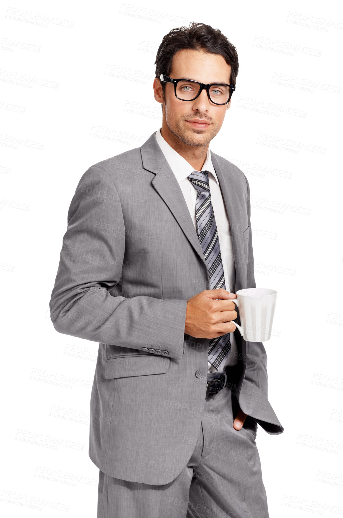 Buy stock photo Coffee cup, portrait and business man in studio with glasses, confidence or attitude on white background. Morning, start and face of male entrepreneur with tea, pride and mindset while isolated