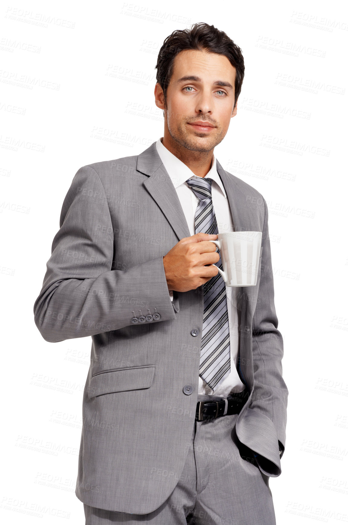 Buy stock photo Portrait, coffee cup and business man in studio with confidence, break or attitude on white background. Morning, start and face of young male entrepreneur with tea, pride and corporate while isolated