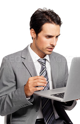 Buy stock photo Laptop, thinking and business man in studio for research, planning or remote work communication on white background. Search, reading or freelance manager online for schedule, proposal or management