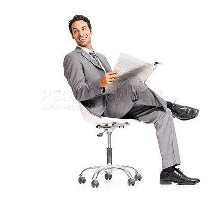 Buy stock photo Business man, happy and reading newspaper in studio, headlines and information on current events. Businessperson, smile and knowledge or announcement on paper, news and update by white background