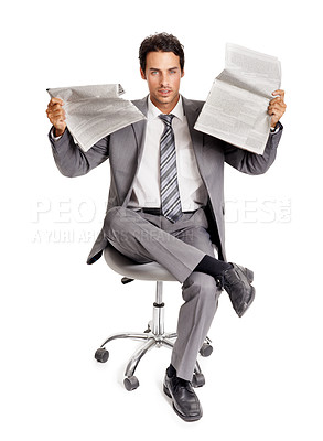 Buy stock photo Business man, portrait and reading newspaper in studio, headlines and information on current events. Businessperson, face and knowledge or announcement on paper, news and update by white background