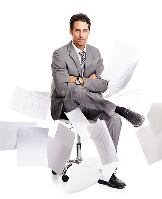Buy stock photo Portrait, serious and business man with documents isolated on white studio background. Paperwork in air and professional relax on chair and arms crossed in stress, confidence or accountant in chaos
