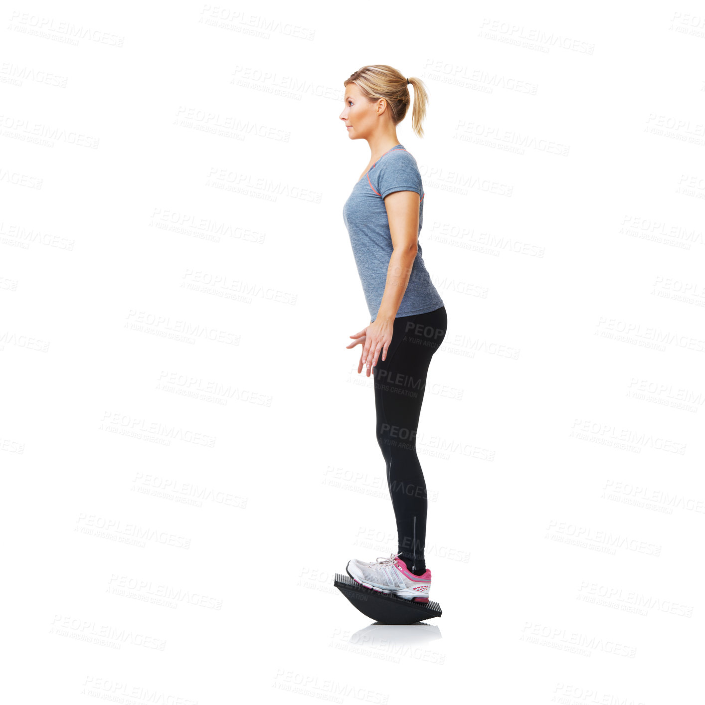Buy stock photo Balance board, workout and woman with exercise, wellness and girl isolated on a white studio background. Profile, person and model with equipment, mockup space and healthy with training and fitness