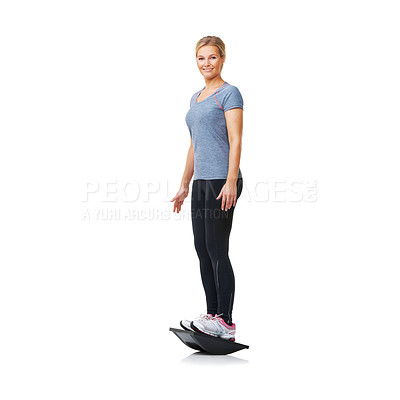 Buy stock photo Portrait, balance board and woman with workout exercise and wellness isolated on a white studio background. Person, girl and model with equipment, training and mockup space with fitness and energy