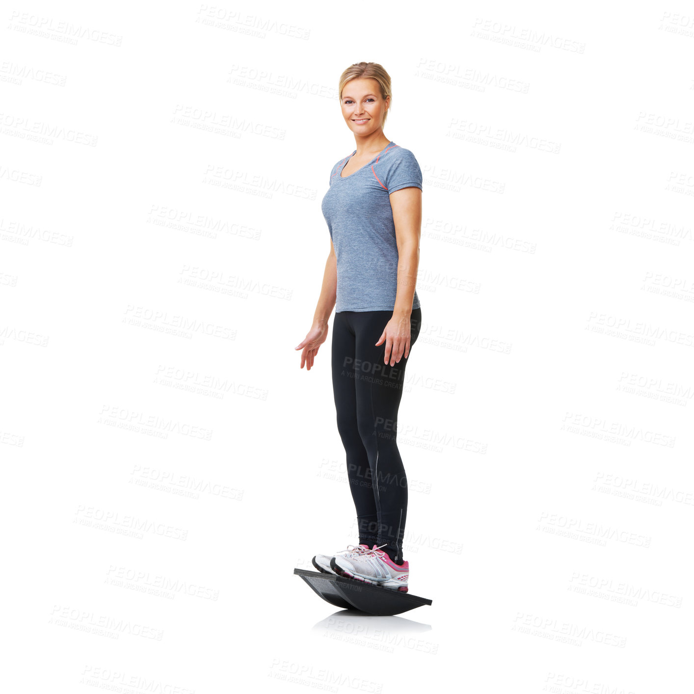 Buy stock photo Portrait, balance board and woman with workout exercise and wellness isolated on a white studio background. Person, girl and model with equipment, training and mockup space with fitness and energy