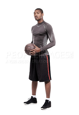 Buy stock photo Fitness, serious and portrait of black man with basketball, confidence and muscle workout challenge. Sports wellness, health and professional athlete standing with ball isolated on white background.