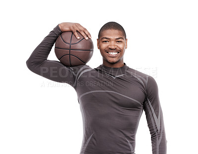 Buy stock photo Workout, smile and portrait of black man with basketball, confidence and pride in body muscle fitness. Sports, wellness and health, happy professional athlete with ball isolated on white background.