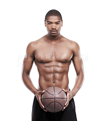 Buy stock photo Man, basketball player and portrait for training, standing and shirtless on white background, confident and game. Studio backdrop, fit and sportsman for exercise, health and african active athlete

