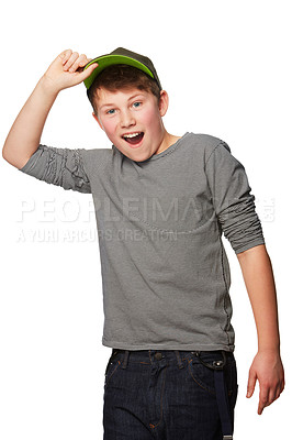 Buy stock photo Portrait, kids fashion and wow with a boy in studio isolated on a white background for a style surprise. Smile, shocked or amazed with a happy young trendy child looking excited by announcement
