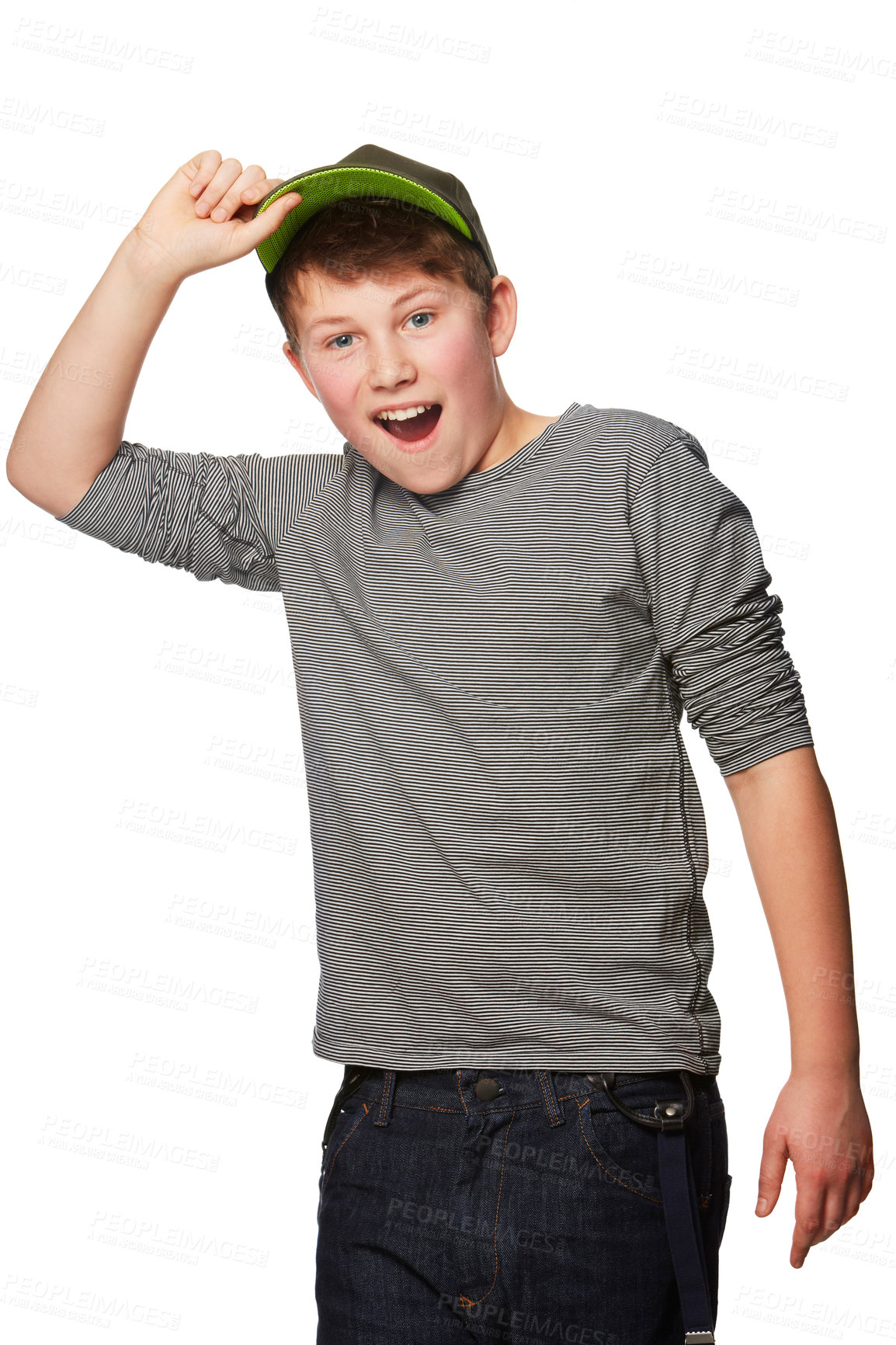 Buy stock photo Portrait, kids fashion and wow with a boy in studio isolated on a white background for a style surprise. Smile, shocked or amazed with a happy young trendy child looking excited by announcement