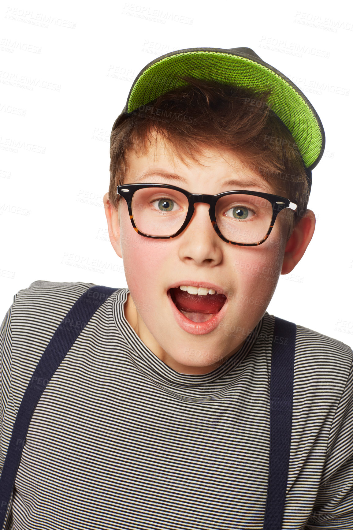 Buy stock photo Portrait, glasses and boy with surprise, announcement and news isolated on a white studio background. Face, person and model with eyewear, hat and shocked with opportunity, facial expression and kid