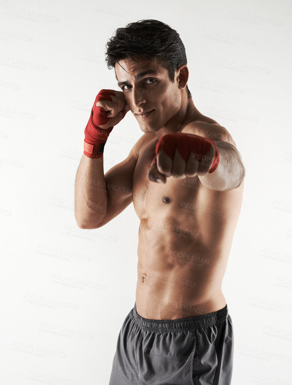 Buy stock photo Man, kick boxer and portrait in gym, serious and face for workout, boxing and strong. Exercise, sports and training for power, self defense and concentration for challenge, mma and fighting skills
