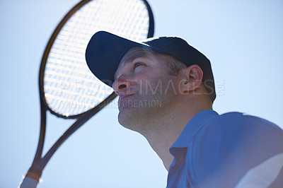 Buy stock photo Tennis match, fitness and man in outdoors, competition and playing on court at country club. Male athlete person, challenge and exercise or racket for game, performance and practice or cardio workout
