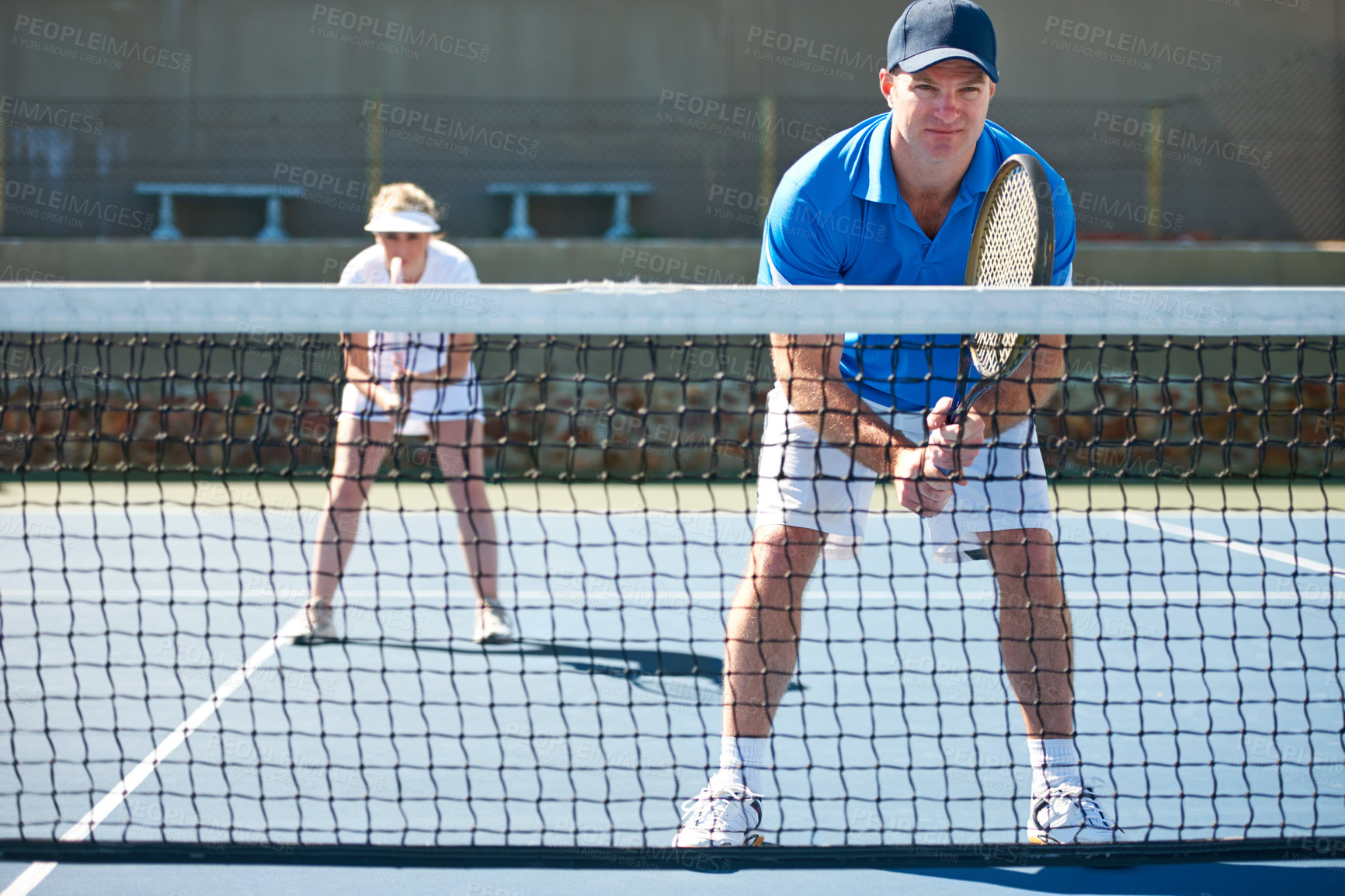 Buy stock photo Tennis match, couple and team in outdoors, competition and playing on court at country club. People, training and exercise or racket for game, performance and practice or collaboration and challenge