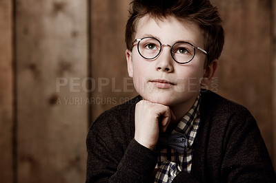 Buy stock photo Face, smart and youth child thinking of prodigy development ideas, childhood plan or problem solving solution. Kid genius, planning decision and young boy question why, choice or remember memory