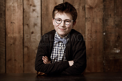 Buy stock photo Portrait, arms crossed and relax child happy for sophisticated style, fashionable attire or stylish apparel. Confidence, pride and young student smile for kid fashion, retro clothes or vintage outfit