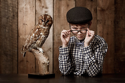 Buy stock photo Young boy in retro clothing wearing spectacles with a stern expression alongside an owl