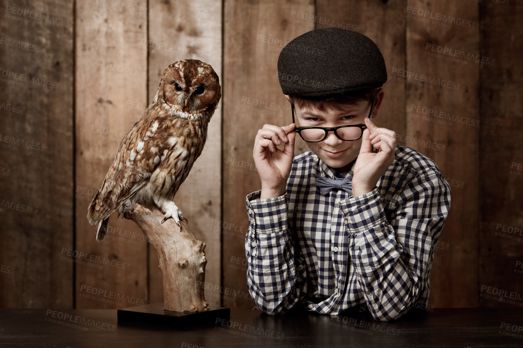 Buy stock photo Young boy in retro clothing wearing spectacles with a stern expression alongside an owl