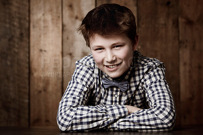 Buy stock photo Portrait, arms crossed or relax child smile for sophisticated style, fashionable attire or smart wear apparel. Youth, happiness or young student happy for kid fashion, retro clothes or vintage outfit