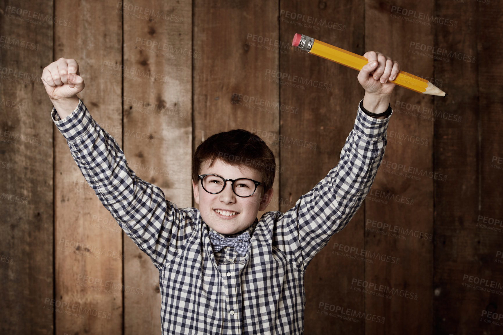 Buy stock photo Education, pencil and excited child celebrate winning scholarship prize, learning achievement or knowledge success. Stationary, celebration cheers or young youth kid, student or winner of competition