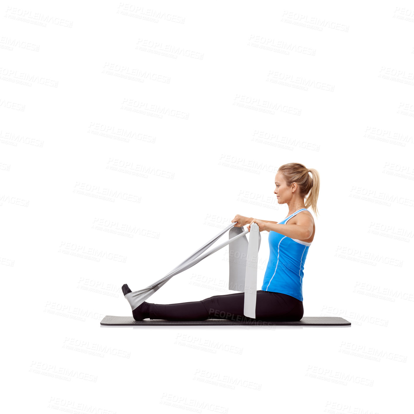 Buy stock photo Fitness, resistance band and woman doing exercise in studio for health, wellness and bodycare. Sport, yoga mat and young female person from Australia with arms workout or training by white background