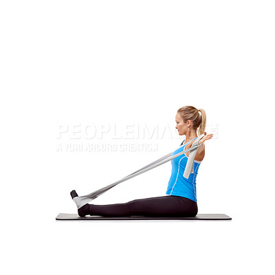 Buy stock photo Fitness, resistance band and woman doing exercise in studio for health, wellness and bodycare. Sport, yoga mat and young female person from Australia with arms workout or training by white background