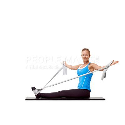 Buy stock photo Sports, resistance band and portrait of woman doing workout in studio for health, wellness and bodycare. Fitness, yoga mat and person from Canada with arm exercise or training by white background.