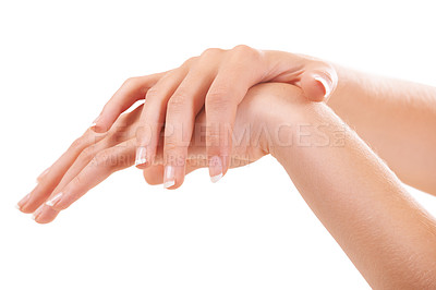 Buy stock photo Skincare touch, manicure and hands closeup in studio isolated on a white background mockup space. Fingers, nails and palm of model in spa treatment, natural cosmetics or dermatology, beauty or health