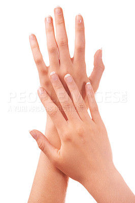 Buy stock photo Woman, hands and french manicure for nails, polish and cosmetic care, skincare and beauty. White background, wellness and treatment for hygiene, closeup and fingers for arm, studio backdrop and clean