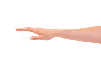 Buy stock photo Woman, hand and french manicure for nails, polish and cosmetic care, skincare and beauty. White background, wellness and natural treatment for hygiene, closeup of arm, studio backdrop and clean.