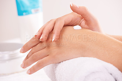 Buy stock photo Skincare, cream and hands closeup in spa therapy, touch massage or wellness. Fingers, nails or woman apply lotion in treatment, natural cosmetics or dermatology moisturizer, beauty health or manicure